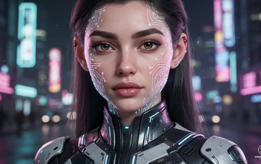 Hiperrealistično lice digitalnog avatara sa suptilnim svetlećim kodovima na koži.