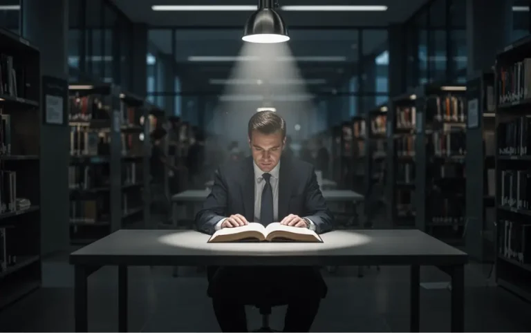 Osoba koja sedi u mraku sa fokusiranim snopom svetlosti na radnom stolu, simbolizujući potpunu koncentraciju.