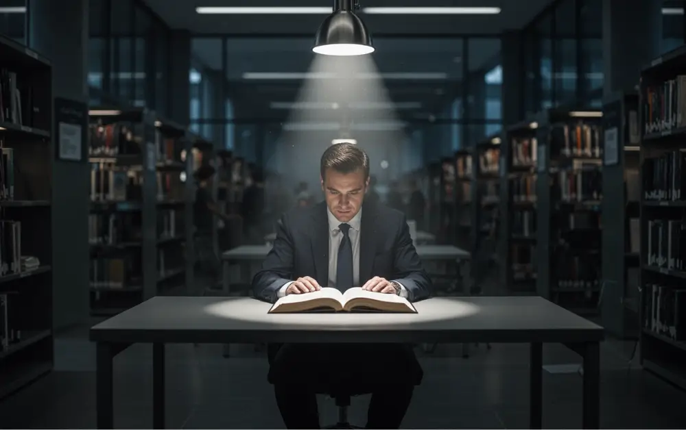 Osoba koja sedi u mraku sa fokusiranim snopom svetlosti na radnom stolu, simbolizujući potpunu koncentraciju.