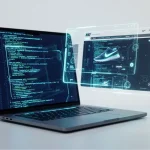 Apstraktni prikaz razdvajanja koda i vizuelnog interfejsa na ekranu laptopa.