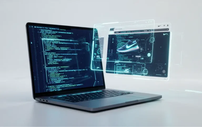 Apstraktni prikaz razdvajanja koda i vizuelnog interfejsa na ekranu laptopa.
