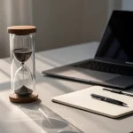 Stilski prikaz peščanog sata pored laptopa u mirnom radnom okruženju.