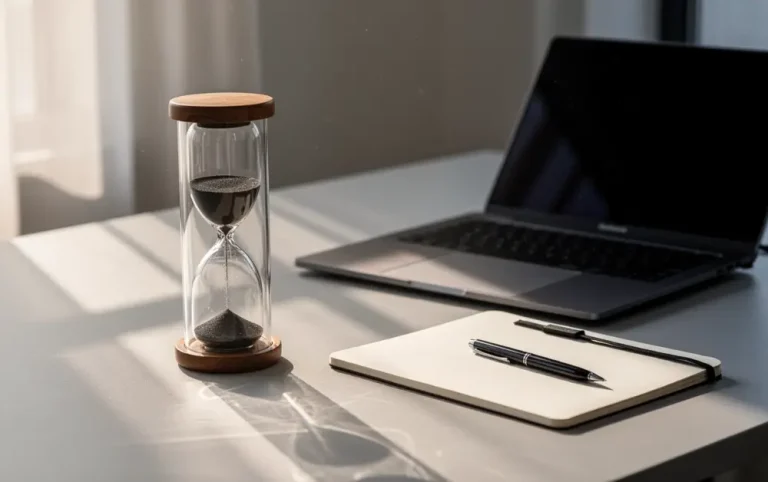 Stilski prikaz peščanog sata pored laptopa u mirnom radnom okruženju.