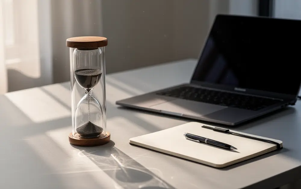 Stilski prikaz peščanog sata pored laptopa u mirnom radnom okruženju.