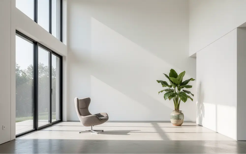 Svetla, prostrana dnevna soba sa minimalno nameštaja i mnogo prirodne svetlosti.