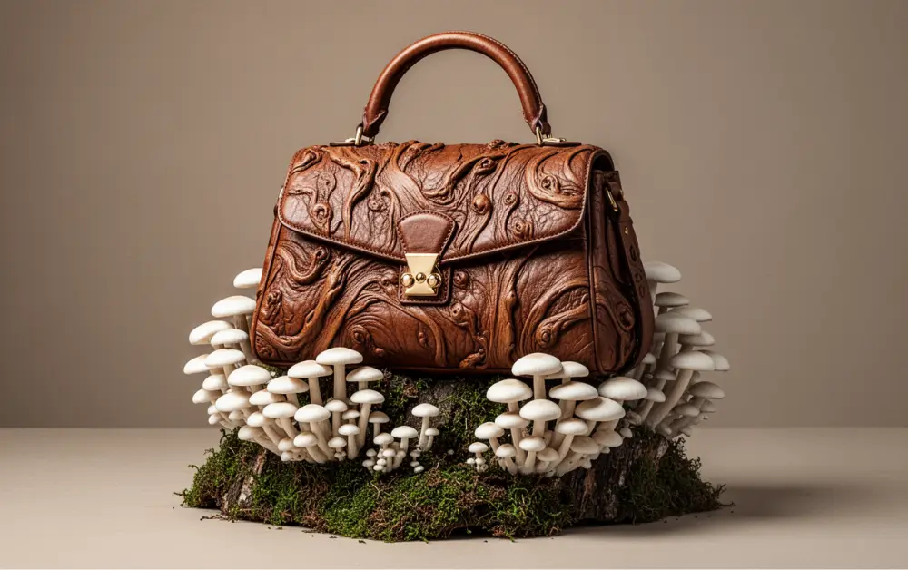 Luksuzna torba teksture kože postavljena na postolje od prirodnih pečuraka i mahovine.