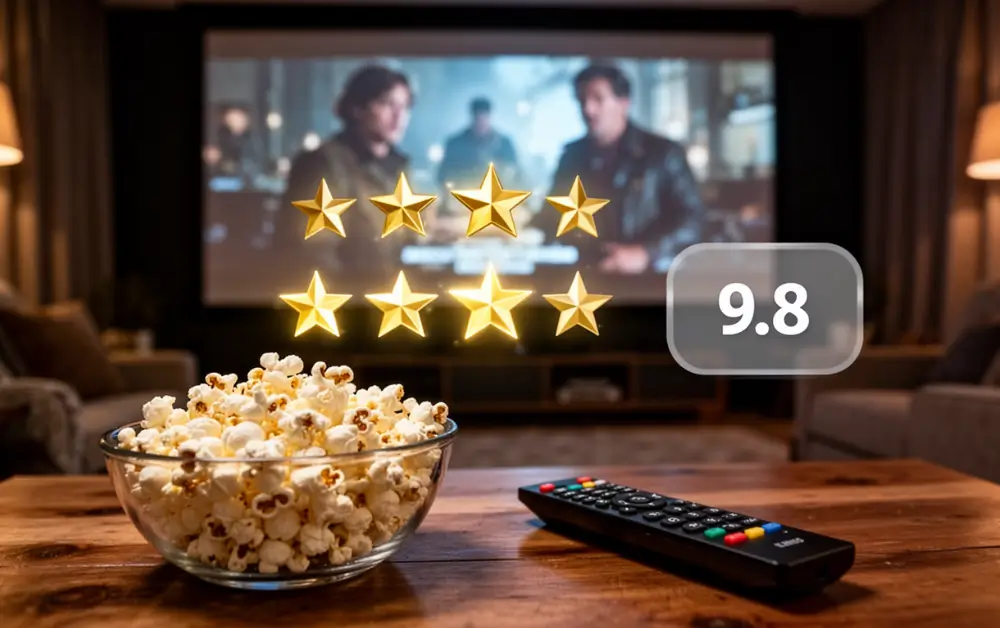 Kolaž filmskih traka i bioskopskih elemenata sa fokusom na visoke ocene i zvezdice.