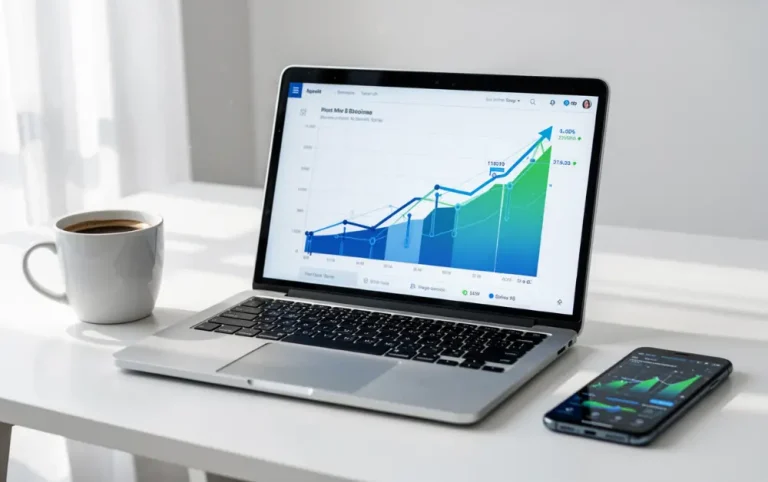 Laptop na stolu sa grafikonima rasta i simbolima digitalne zarade.