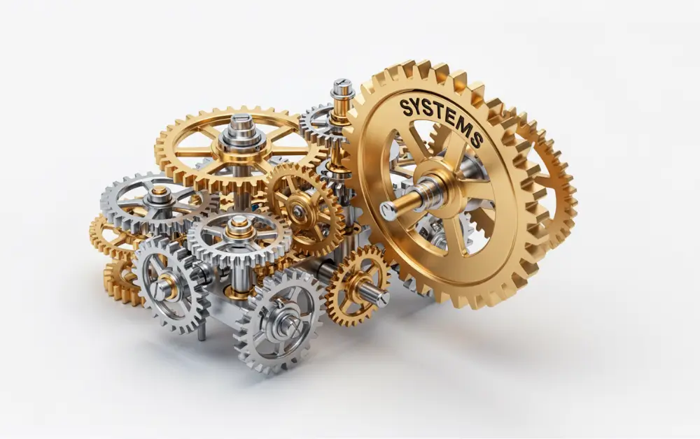 Ilustracija koja prikazuje uredno poređane zupčanike koji pokreću veliki mehanizam uspeha.