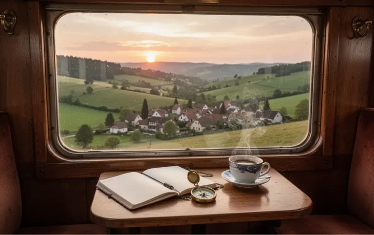 Pogled iz voza na prelepe predele, sa knjigom i šoljom kafe na stolu.