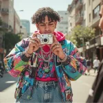 Mlada osoba drži mali srebrni digitalni fotoaparat iz 2000-ih i fotografiše.