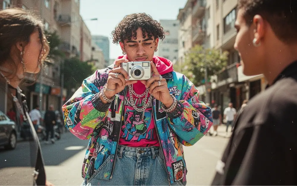 Mlada osoba drži mali srebrni digitalni fotoaparat iz 2000-ih i fotografiše.