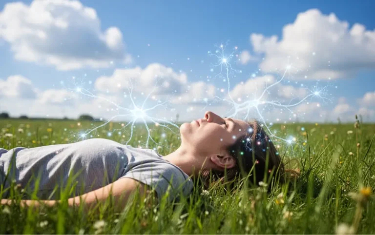 Osoba koja opušteno sedi na travi i gleda u oblake, dok su oko nje simbolične svetleće linije ideja.